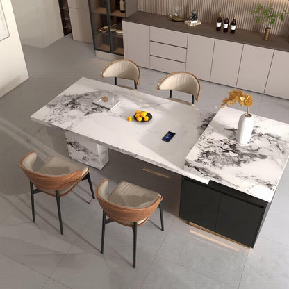 80“-96”Luxury White Marble Kitchen Island with Dining Table & Built-in Charging Station
