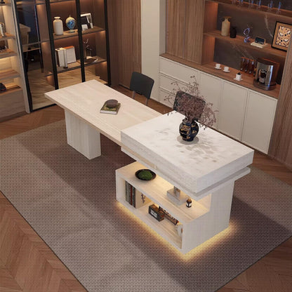 80"-96"Travertine Kitchen Island with Integrated Dining Table & Open Storage Shelves