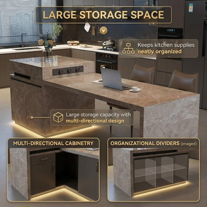 80“-96”Brown Marble Kitchen Island with Integrated Dining Table & LED Lighting