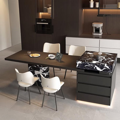 80“-96”Black Marble Kitchen Island with Integrated Dining Table & LED Lighting