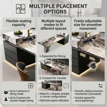80"-96"Luxury Marble Kitchen Island with Dining Table, Built-in Charging Station & LED Light