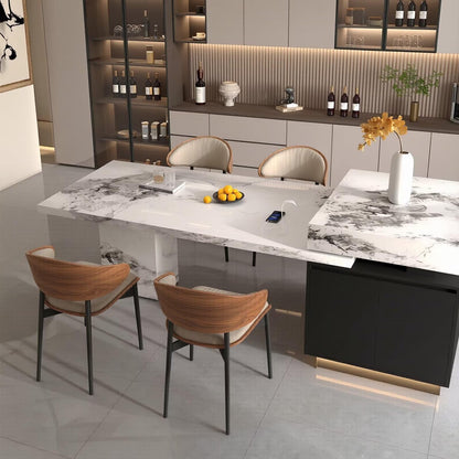 80“-96”Luxury White Marble Kitchen Island with Dining Table & Built-in Charging Station