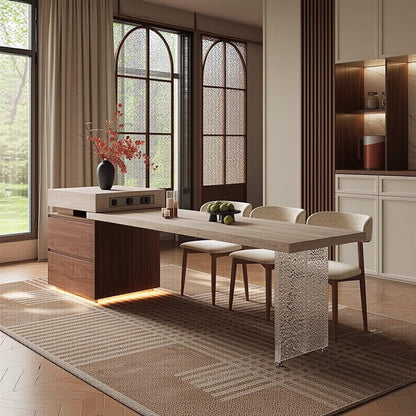 80“-96”Modern Stone Kitchen Island with Integrated Dining Table & Wooden Storage Drawers