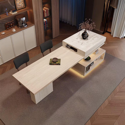 80"-96"Travertine Kitchen Island with Integrated Dining Table & Open Storage Shelves