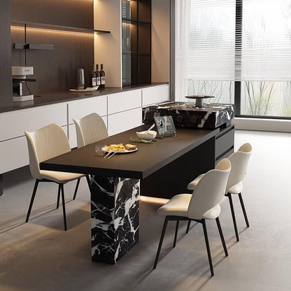 80“-96”Black Marble Kitchen Island with Integrated Dining Table & LED Lighting
