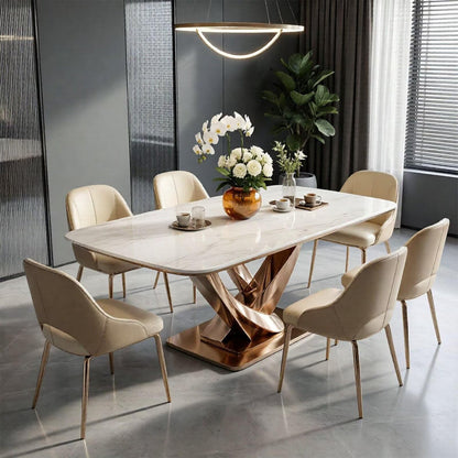 60"-80"Luxury White Marble Dining Table, Modern Kitchen Table with Elegant Rose Gold Base