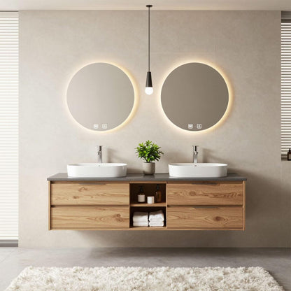 60“-96”Modern Oak Bathroom Vanity with Stone Countertop & LED Backlit Round Mirrors