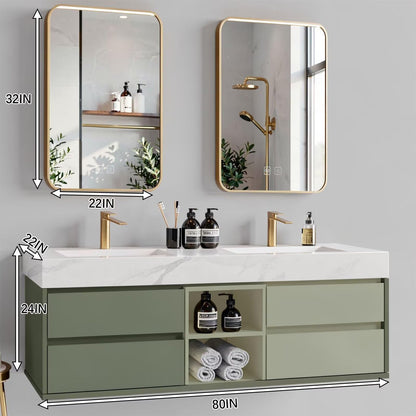 60"-96"Modern Sage Green Bathroom Vanity with Marble Top & Gold LED Mirrors