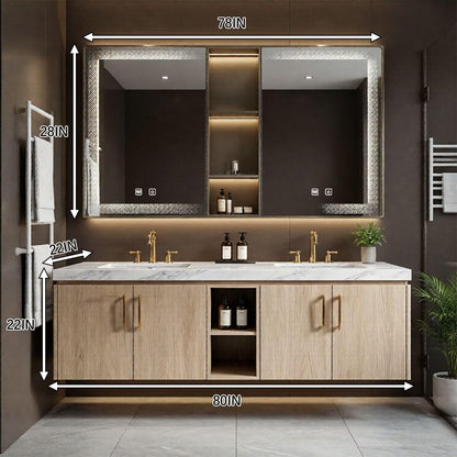 60"-96"Modern Light Wood Floating Vanity with Double Sinks & LED Lighted Mirror Cabinet