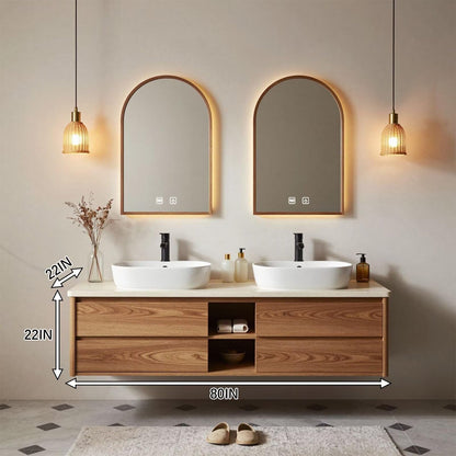 60"-96"Wall-Mounted Oak Bathroom Vanity with Double Sinks & LED Backlit Mirror