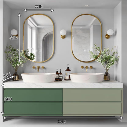 60"-96"Modern Green Bathroom Vanity with White Marble Top & Oval Gold Frame Mirrors