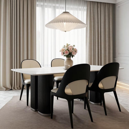60"-80"White Marble Dining Table, Modern Rectangular Kitchen Table with Black Fluted Base