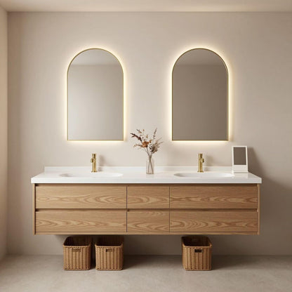 60"-96"Light Oak Floating Bathroom Vanity with Double Sink & Soft-Close Drawers