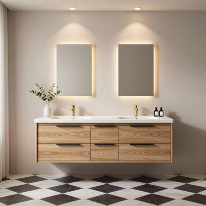 60"-96"Modern Oak Floating Bathroom Vanity with Double Sink & White Stone Countertop