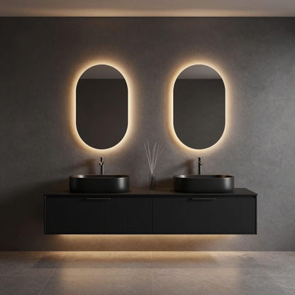 60"-96"Black Floating Bathroom Vanity with Double Vessel Sinks & LED Oval Mirrors