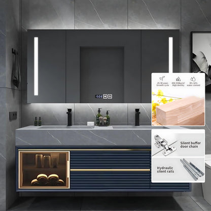52"- 76" Navy Wall Mounted Bath Vanity Set with Smart Mirror Cabinet and Double Basin