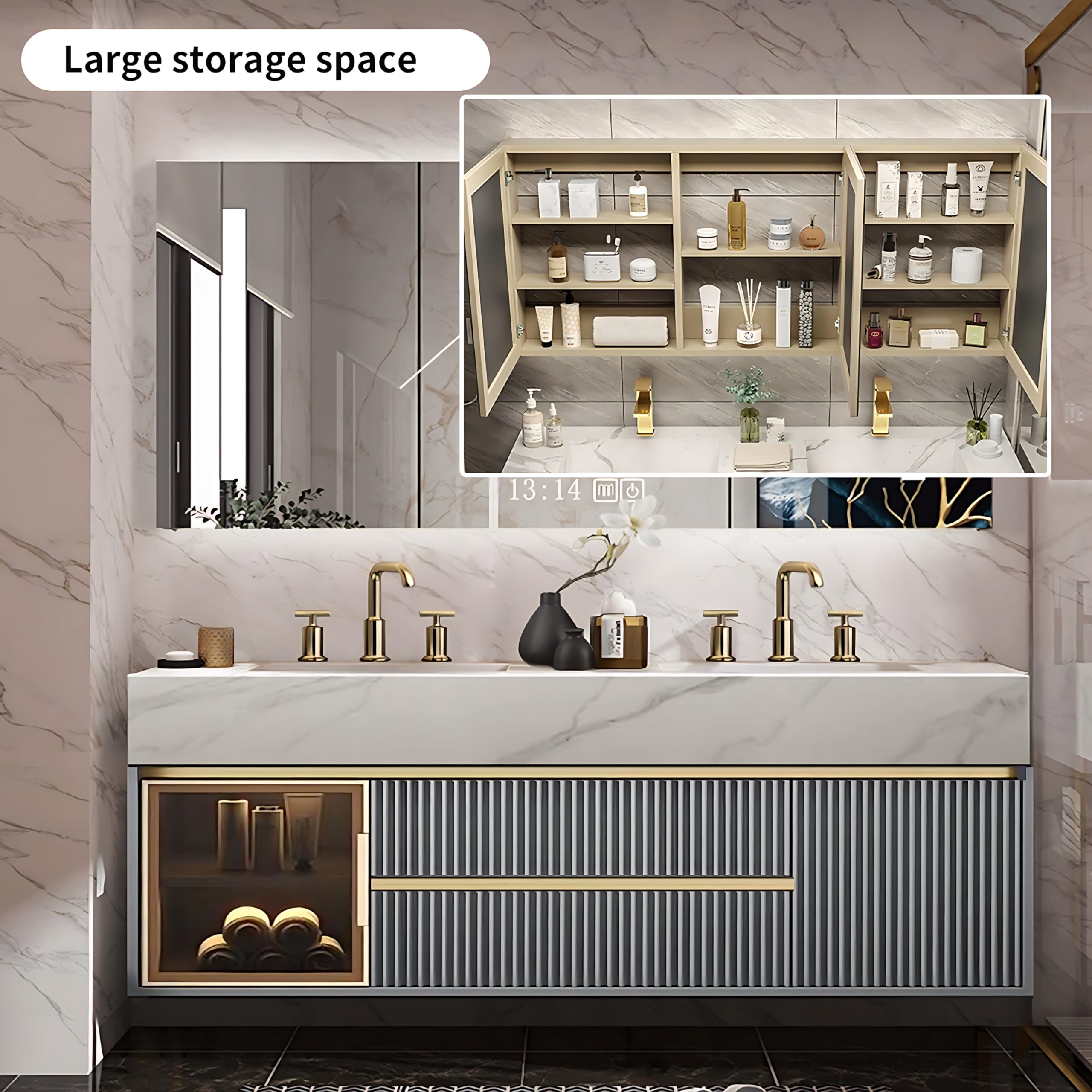 52"- 76" Navy Wall Mounted Bath Vanity Set with Smart Mirror Cabinet and Double Basin