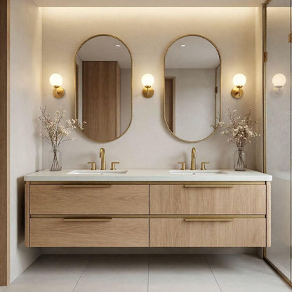 60"-84"Modern Oak Floating Bathroom Vanity with Double Sinks & Gold Oval Mirrors