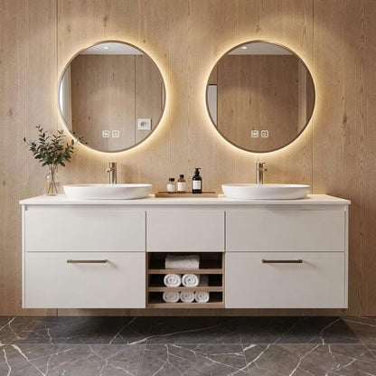 60”-84”Double Sink Floating Bathroom Vanity with LED Round Mirrors, White Cabinet & Stone Top