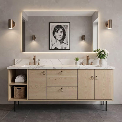60"-96"Modern Light Oak Floating Bathroom Vanity with Double Sinks & Marble Top