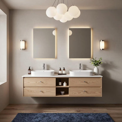 60"-84"Light Oak Floating Bathroom Vanity with Double Sinks & LED Backlit Mirrors