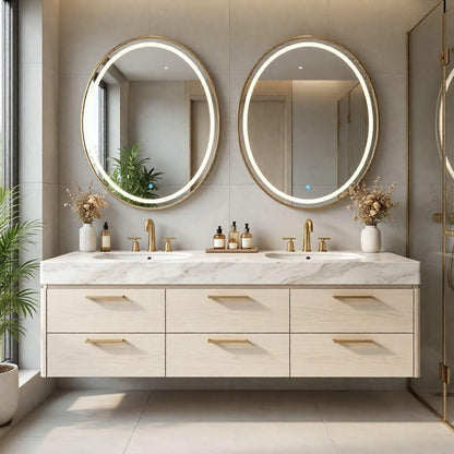 60"-84"Luxury Wall-Mounted Double Sink Vanity with LED Oval Mirrors & Gold Handles