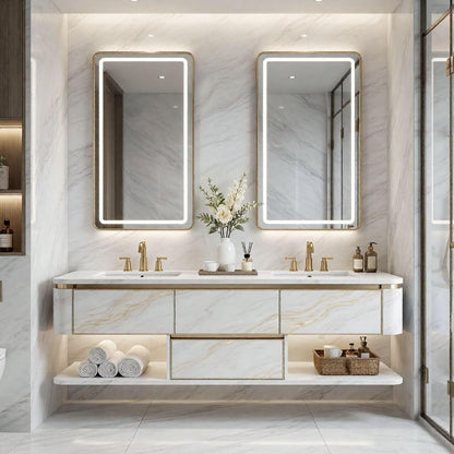 60”-84”Double Sink Bathroom Vanity with LED Lighted Mirrors, Marble Countertop & Gold Trim