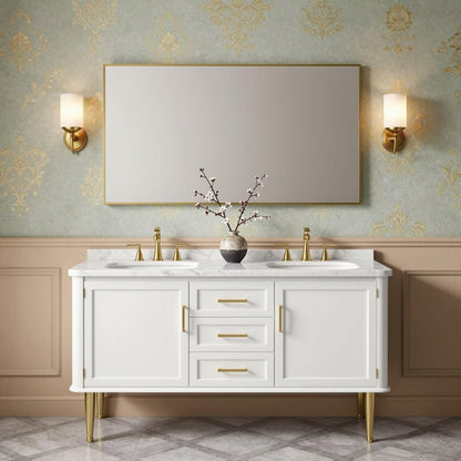 60"-96"Luxury Freestanding Vanity, White Cabinet with Gold Handles & Marble Countertop