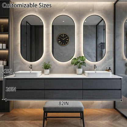 60"-96"Modern Dark Grey Floating Bathroom Vanity with Double Sinks & LED Oval Mirrors