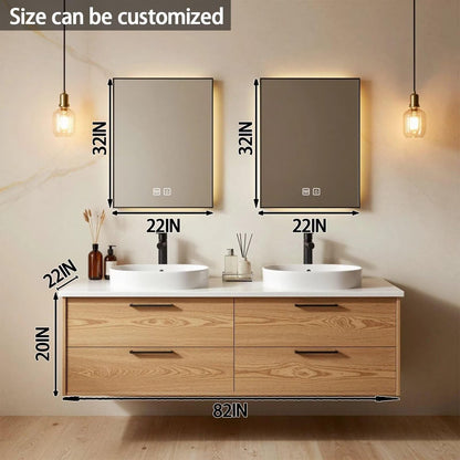 60"-84"Light Oak Floating Bathroom Vanity Set with LED Mirrors & Black Handles