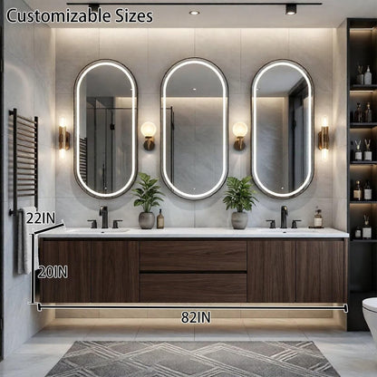 60"-96" Modern Wall-Mounted Bathroom Vanity with Marble Top & LED Lighted Mirrors