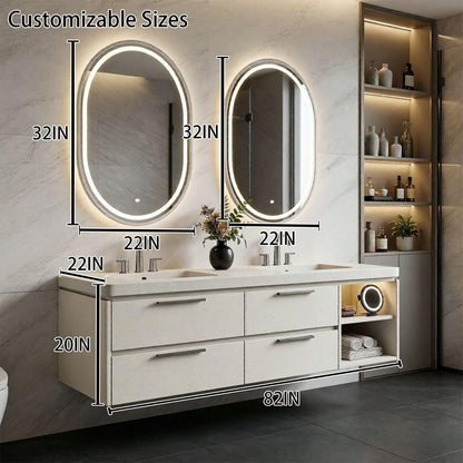 60"-96"Cream Bathroom Vanity with Double Sinks, LED Mirrors & Open Side Shelf