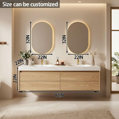 60"-84"Light Oak Floating Bathroom Vanity with Double Sinks & LED Oval Mirrors