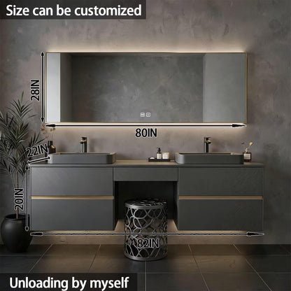 60"-84"Floating Dark Gray Bathroom Vanity with Double Vessel Sinks & LED Mirror
