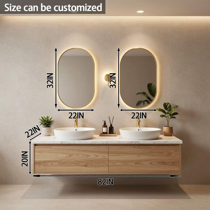 60"-84"Natural Oak Wall-Mounted Vanity with Marble Top & Soft-Close Storage Drawers