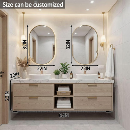 60”-84”Double Sink Floating Bathroom Vanity with Gold Oval Mirrors, Light Wood Cabinet & Marble Top