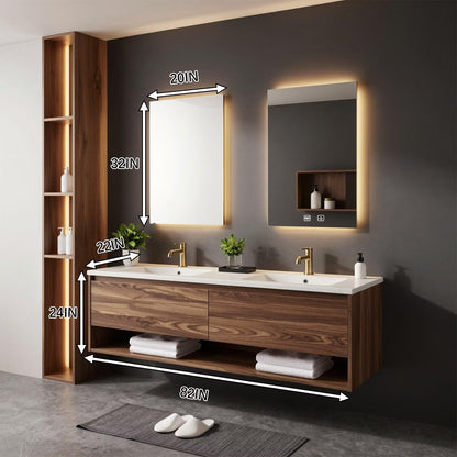 60”-96”Modern Wall-Mounted Bathroom Vanity with Walnut Finish & LED Lighted Mirrors