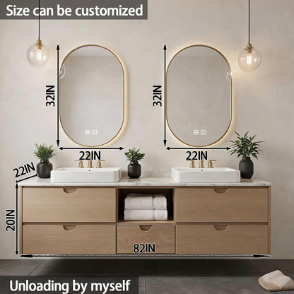 60"-84"Floating Oak Bathroom Vanity with Double Sinks & LED Oval Mirrors