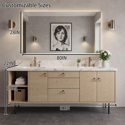 60"-96"Modern Light Oak Floating Bathroom Vanity with Double Sinks & Marble Top