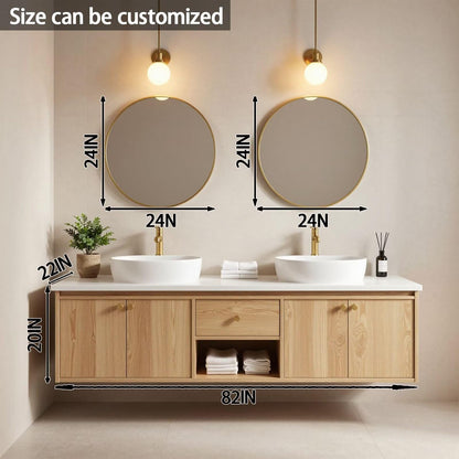 60”-84” Double Sink Floating Vanity with Gold Round Mirrors