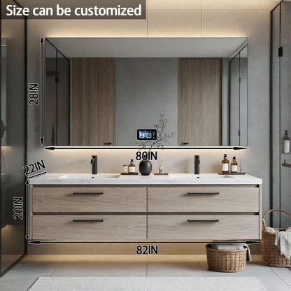 60”-84”Double Sink Floating Vanity with LED Mirror, Light Wood Cabinet & White Stone Top