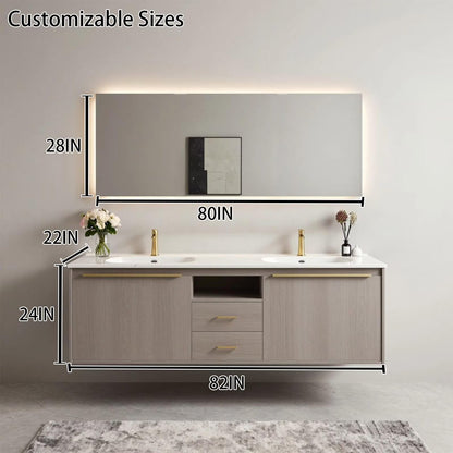 60"-96"Light Gray Oak Floating Bathroom Vanity with Double Sinks & LED Backlit Mirror