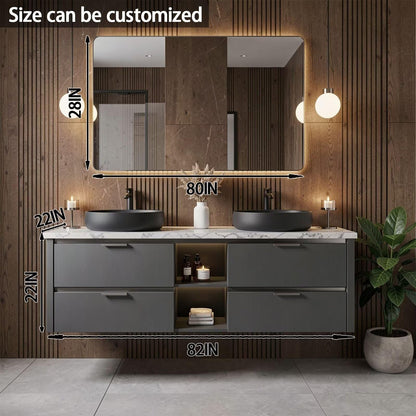 60”-84”Double Sink Floating Bathroom Vanity with LED Mirror, Dark Gray Cabinet & Black Vessel Sinks