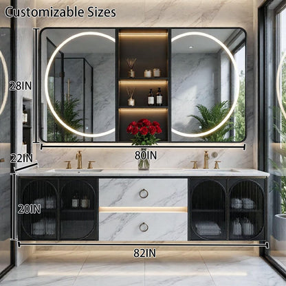 60"-96"Marble Floating Bathroom Vanity with LED Mirrors & Black Fluted Glass Doors