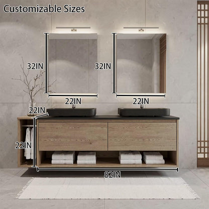 60"-96"Modern Oak Floating Bathroom Vanity with Double Black Vessel Sinks & Open Shelves