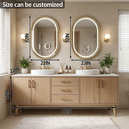 60"-96"Freestanding Oak Bathroom Vanity with Double Vessel Sinks & LED Oval Mirrors