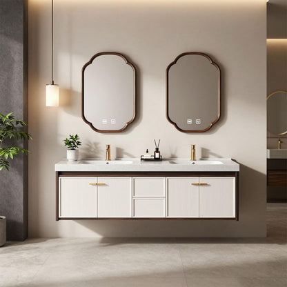 60"-96"Floating Double Bathroom Vanity with White Ribbed Doors & Arched LED Mirrors