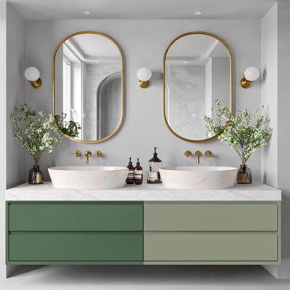 60"-96"Modern Green Bathroom Vanity with White Marble Top & Oval Gold Frame Mirrors