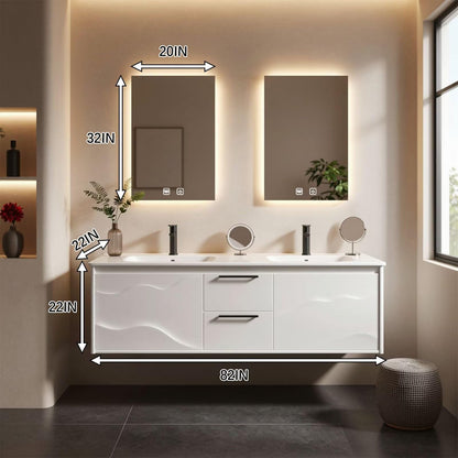 60"-96"Modern White Floating Bathroom Vanity with Double Sinks & LED Lighted Mirrors