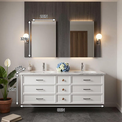 60"-96"Modern White Floating Bathroom Vanity with Double Sinks & Marble Countertop
